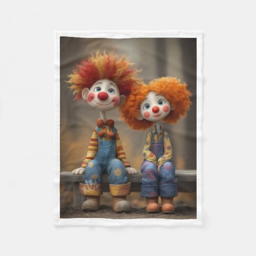 Cute Clown Couple on Bench Cozy Fleece Blanket