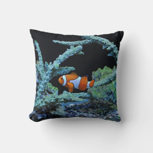 Cute Clown Fish in Coral Throw Pillow