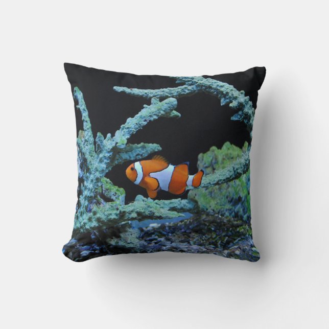 Cute Clown Fish in Coral Throw Pillow (Front)