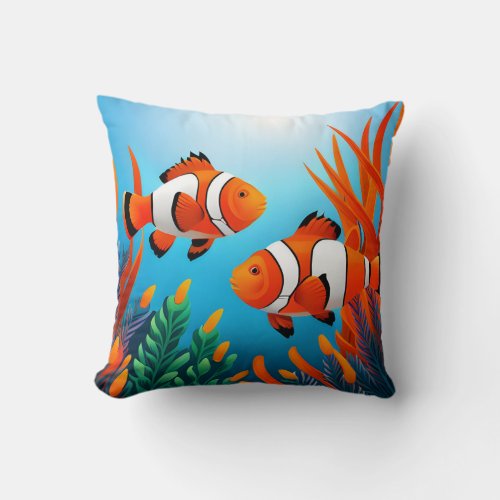 Cute Clownfish In Seaweed Throw Pillow