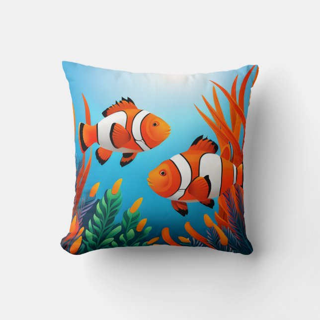 Cute Clownfish In Seaweed Throw Pillow (Front)