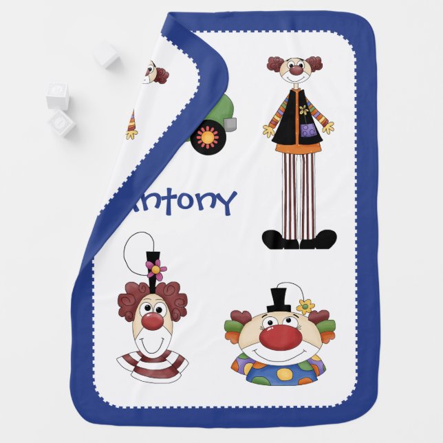 Cute clowns baby blanket with blue border (In Situ)