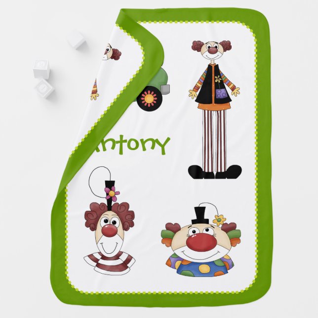 Cute clowns baby blanket with green border (In Situ)