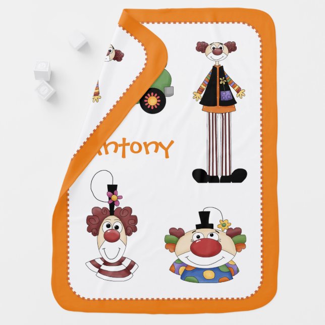 Cute clowns baby blanket with orange border (In Situ)