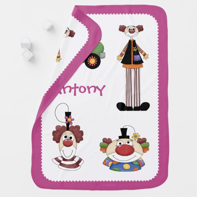 Cute clowns baby blanket with purple border (In Situ)