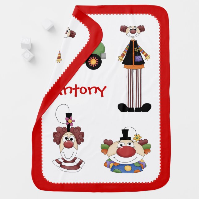 Cute clowns baby blanket with red border (In Situ)