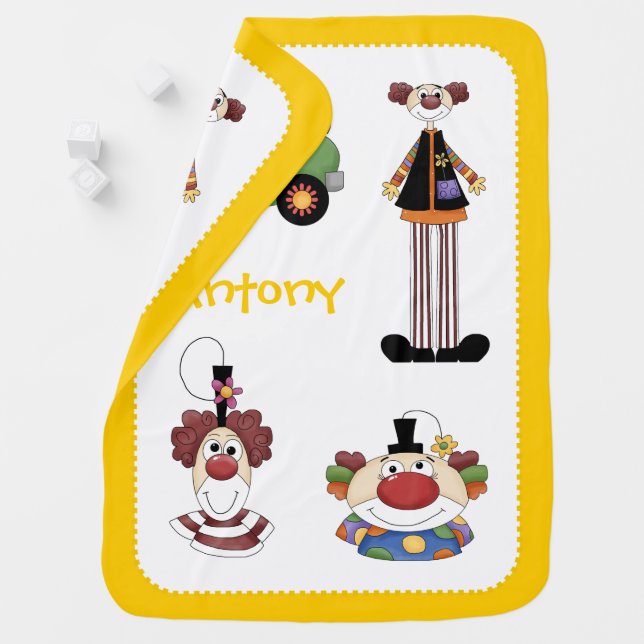 Cute clowns baby blanket with yellow border (In Situ)