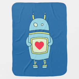 Cute Clumsy Robot With Heart Blue Baby Blanket