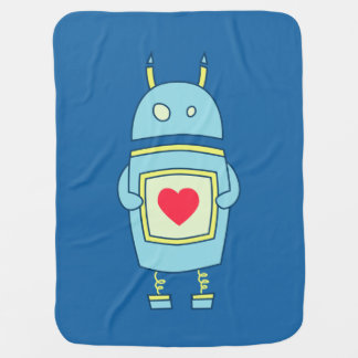 Cute Clumsy Robot With Heart Blue Baby Blanket