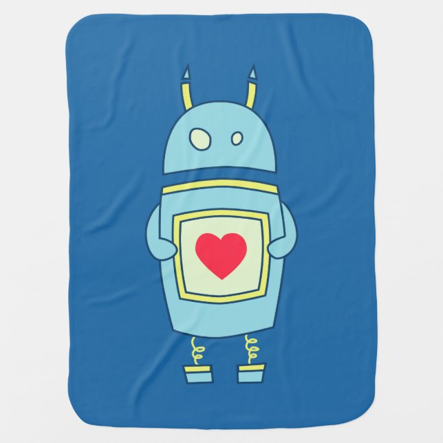 Cute Clumsy Robot With Heart Blue Baby Blanket (Front)