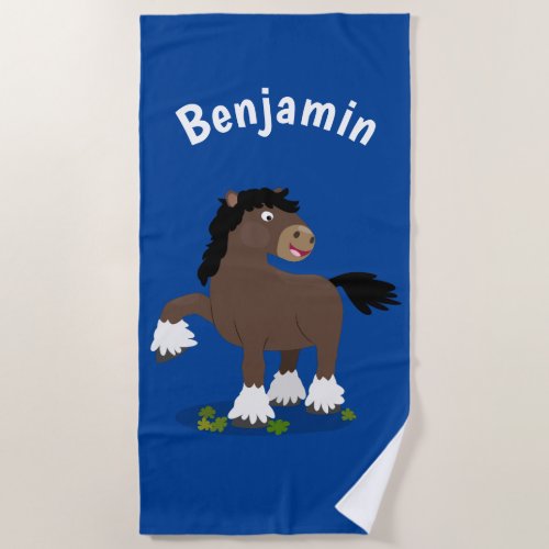 Cute Clydesdale draught horse cartoon illustration Beach Towel