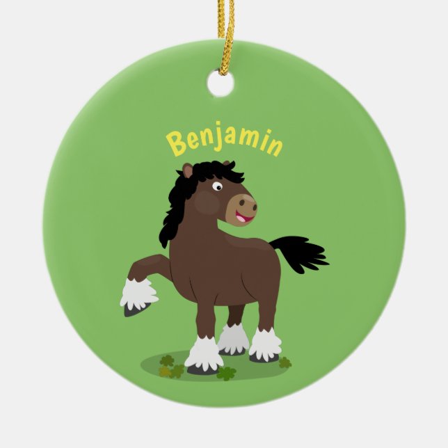 Cute Clydesdale draught horse cartoon illustration Ceramic Ornament (Front)