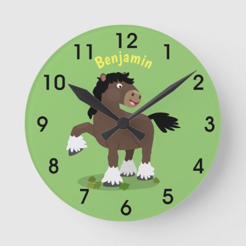 Cute Clydesdale draught horse cartoon illustration Round Clock