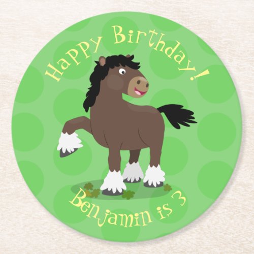 Cute Clydesdale draught horse cartoon illustration Round Paper Coaster