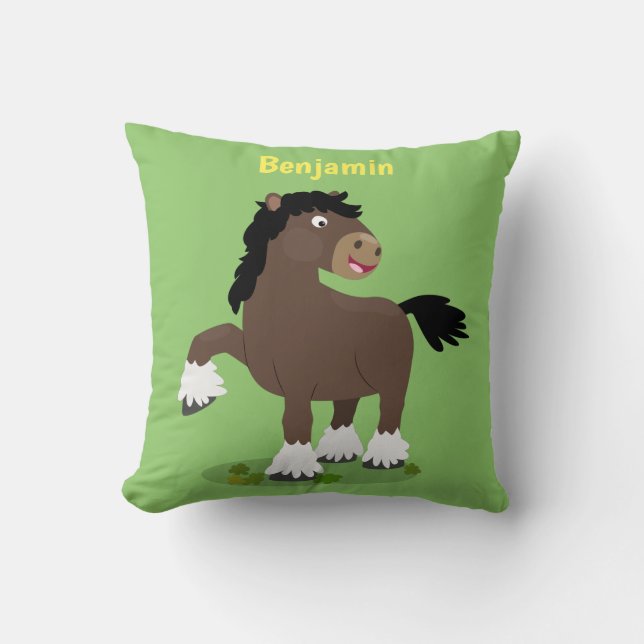 Cute Clydesdale draught horse cartoon illustration Throw Pillow (Front)