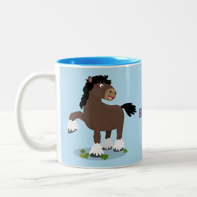 Cute Clydesdale draught horse cartoon illustration Two-Tone Coffee Mug (Left)