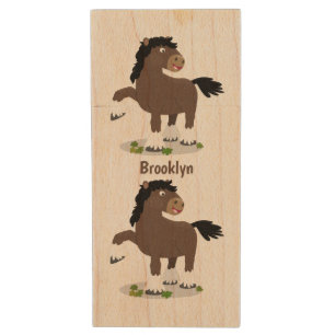 Cute Clydesdale draught horse cartoon illustration Wood Flash Drive