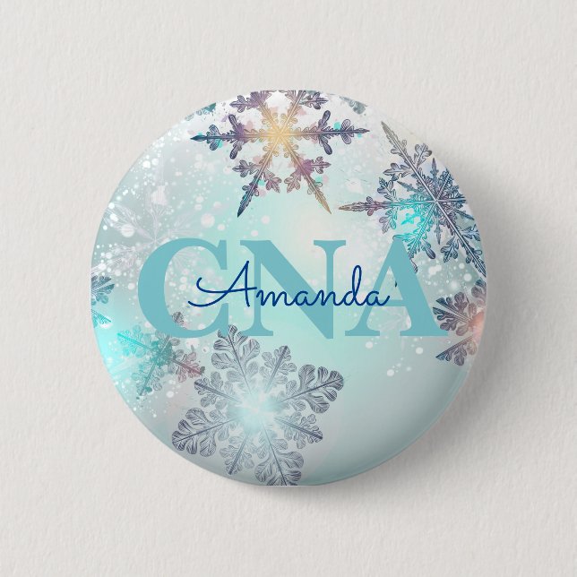 Cute CNA Ice Blue Snowflake Personalized Name  Button (Front)