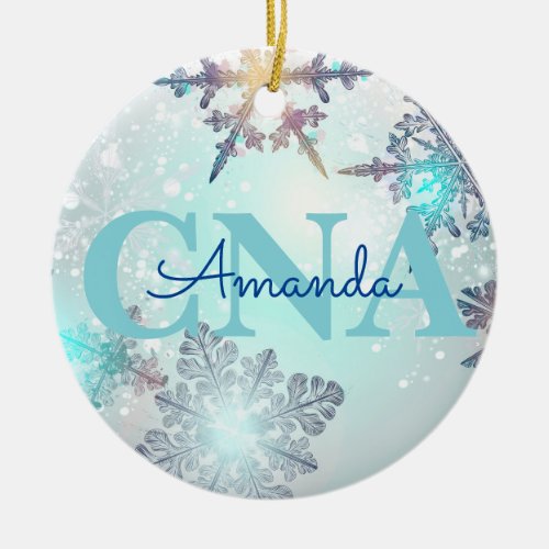 Cute CNA Ice Blue Snowflake Personalized Name  Ceramic Ornament