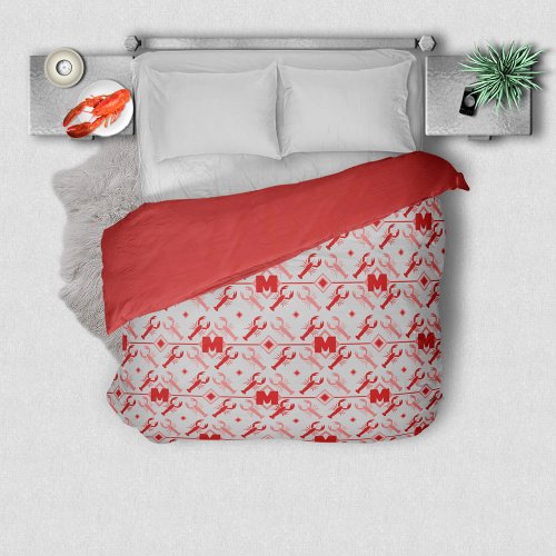 Cute Coastal Lobster  Red Monogram Pattern Duvet Cover