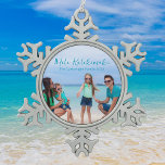 Cute Coastal Photo Beach Family Vacation Keepsake Snowflake Pewter Christmas Ornament<br><div class="desc">Chic customizable beach family photo Christmas ornament that reads Mele Kalikimaka or your custom text with your favorite tropical photo in the sun. Add a full photograph of your favorite memory from your island vacation to the coast. A beautiful coastal holiday ornament gift with pretty blue script over the picture....</div>