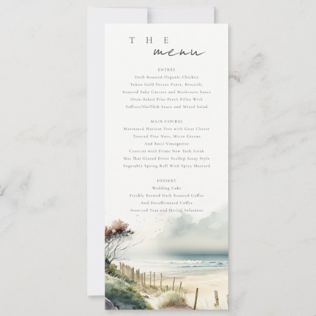 Cute Coastal Sand Beach Seascape Wedding Menu Card (Front)