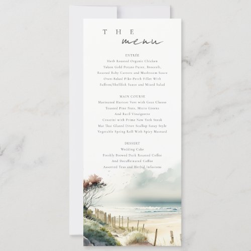 Cute Coastal Sand Beach Seascape Wedding Menu Card