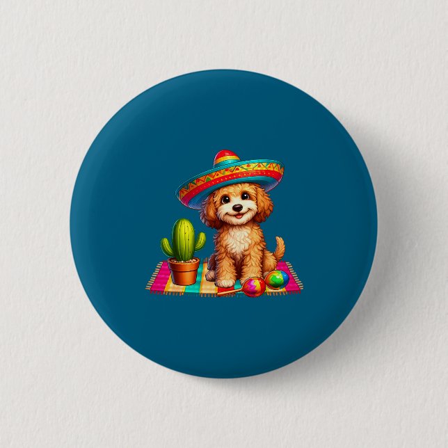 Cute cockapoo dog cinco de mayo sombrero cactus button (Front)