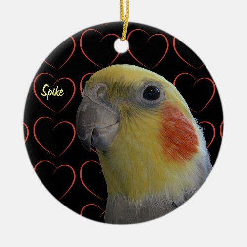 Cute Cockatiel and Hearts Ceramic Ornament