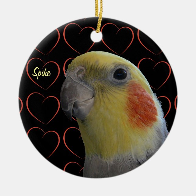 Cute Cockatiel and Hearts Ceramic Ornament (Front)