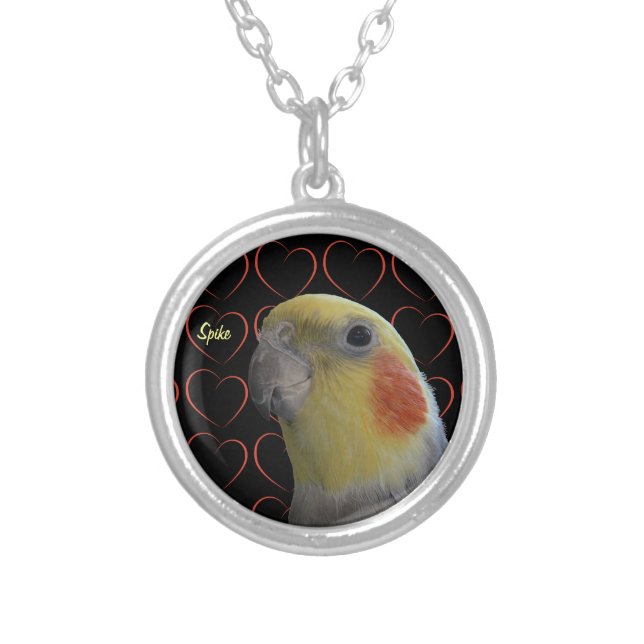 Cute Cockatiel and Hearts Silver Plated Necklace (Front)
