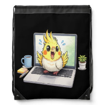 Cute Cockatiel Bird on Laptop Drawstring Bag