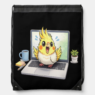 Cute Cockatiel Bird on Laptop Drawstring Bag