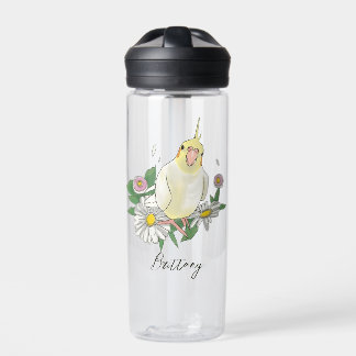 Cute Cockatiel Floral Custom Name Water Bottle