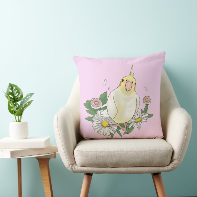 Cute Cockatiel Floral Illustration Throw Pillow (Chair)