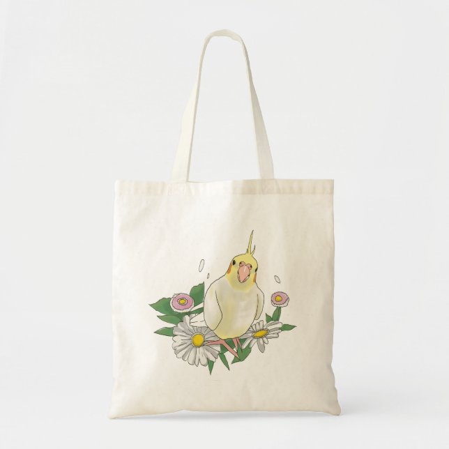 Cute Cockatiel Floral Tote Bag (Front)