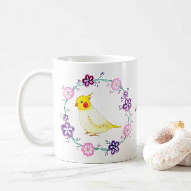 Cute Cockatiel in Flowers Bird Lover custom name  Coffee Mug (With Donut)
