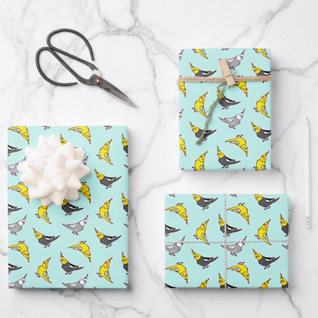 Cute Cockatiel Parrot Pattern Wrapping Paper Sheets (Front)