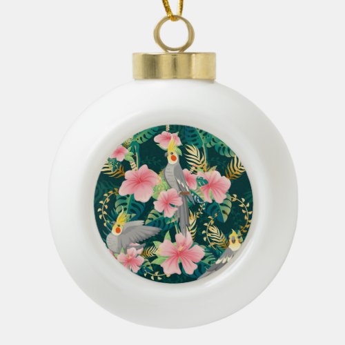 Cute Cockatiel Parrot Vintage Pattern Ceramic Ball Christmas Ornament