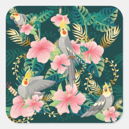 Cute Cockatiel Parrot Vintage Pattern Square Sticker