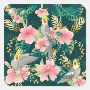 Cute Cockatiel Parrot Vintage Pattern Square Sticker