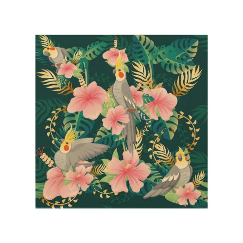 Cute Cockatiel Parrot Vintage Pattern Wood Wall Art