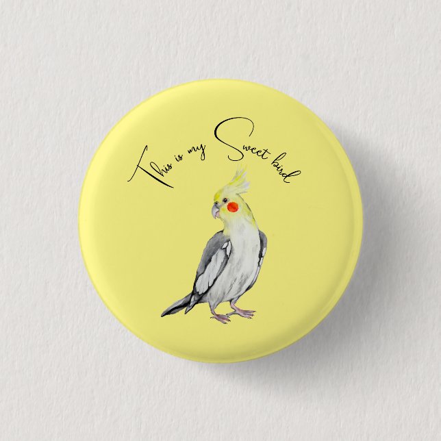 Cute Cockatiel watercolor parrot.  Button (Front)