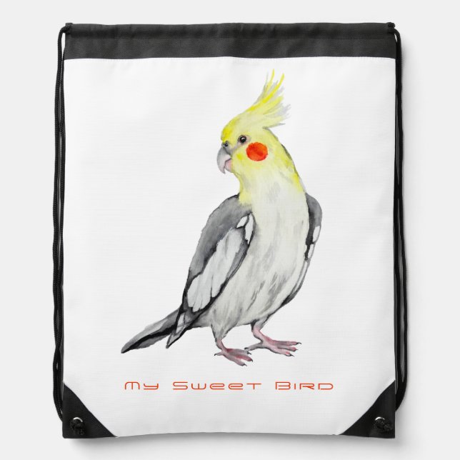 Cute Cockatiel Watercolor Parrot.  Drawstring Bag (Front)