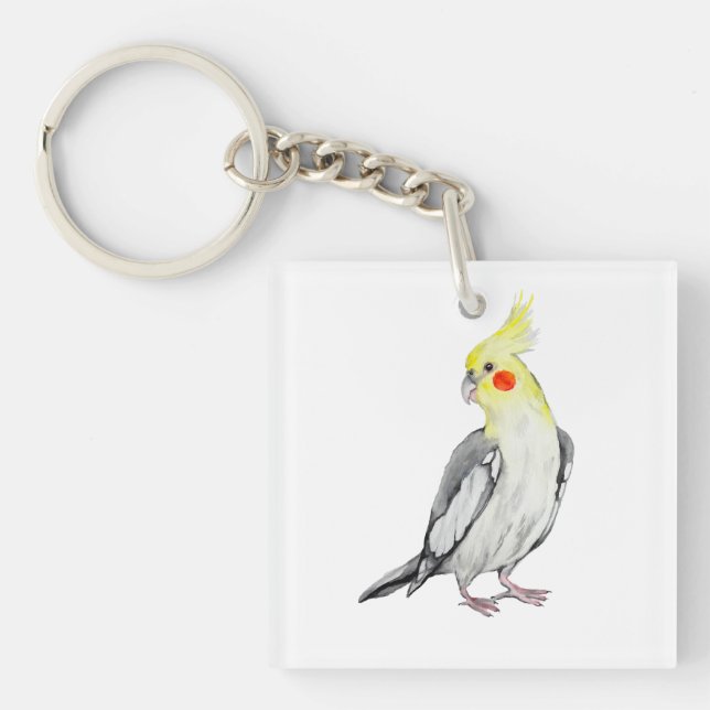 Cute Cockatiel Watercolor Parrot.  Keychain (Front)