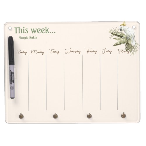 Cute Cockatoo Boho Palm Weekly Calendar  Dry Erase Board With Keychain Holder