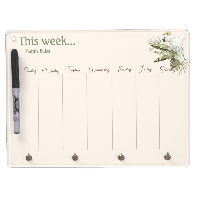 Cute Cockatoo Boho Palm Weekly Calendar  Dry Erase Board With Keychain Holder (Front)