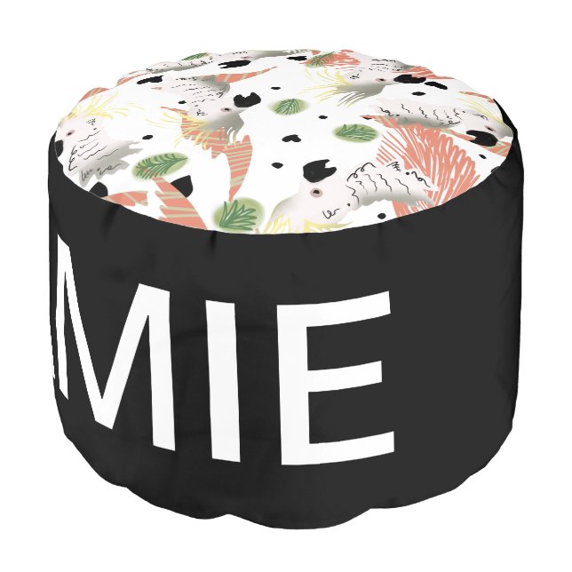 Cute Cockatoo Hearts Tropical Greenery Pouf (Angled Front)