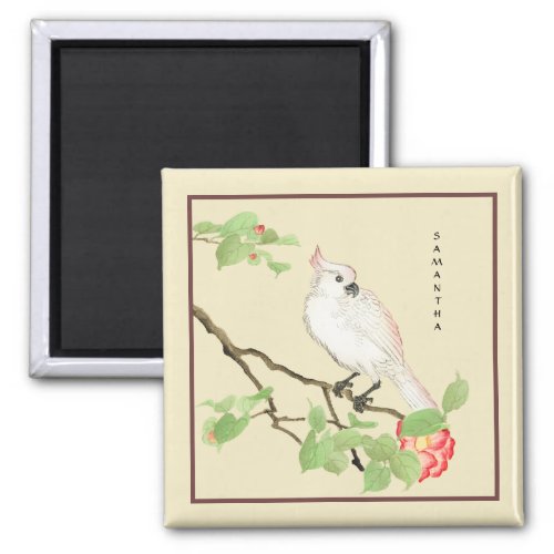 Cute Cockatoo Vintage Japanese Camellia Magnet