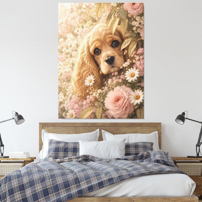 Cute Cocker Spaniel Among Flowers Canvas Print (Insitu(Bedroom))